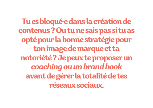 Tu es bloqué e dans la création de contenus Ou tu ne sais pas si tu as opté pour la bonne stratégie pour ton image de marque et ta notoriété Je peux te proposer un coaching ou un brand book avant de gérer la totalité de tes réseaux sociaux