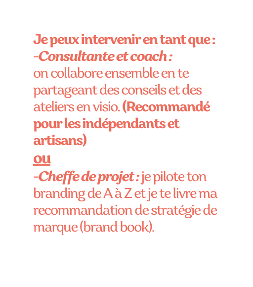 Je peux intervenir en tant que Consultante et coach on collabore ensemble en te partageant des conseils et des ateliers en visio Recommandé pour les indépendants et artisans ou Cheffe de projet je pilote ton branding de A à Z et je te livre ma recommandation de stratégie de marque brand book